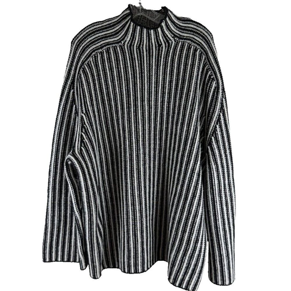 H&M Premium Selection Oversized Wool Turtleneck Sweater Black White Striped Sz M
